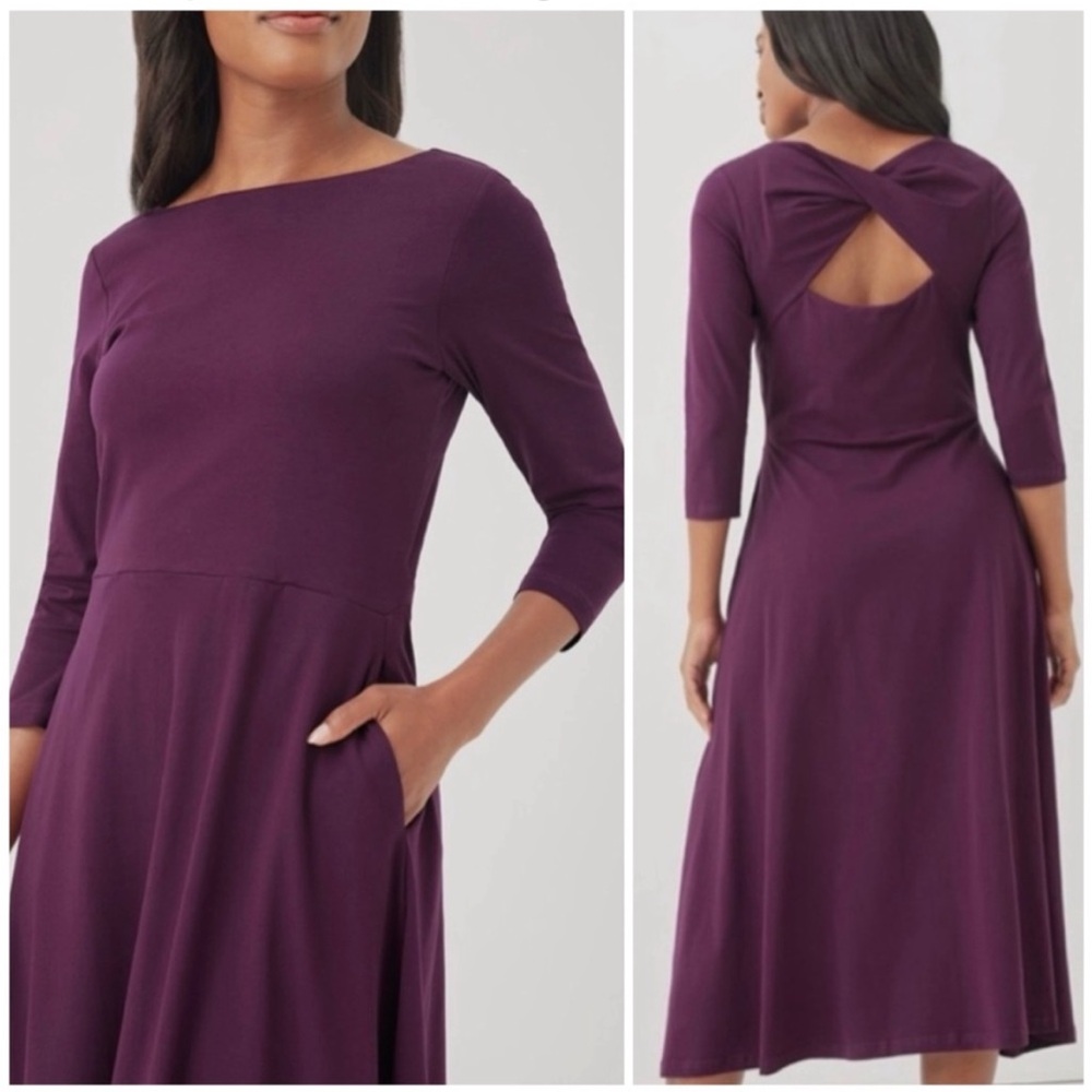 NEW Pact Dress Organic Cotton Open Back Midi Fit Flare Pockets Career Office